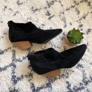 black faux suede ankle length booties w/small heel